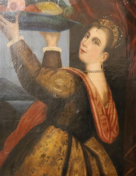 Continental School, oil on canvas, Woman holding a platter of fruit, 77 x 64cm. unframed.